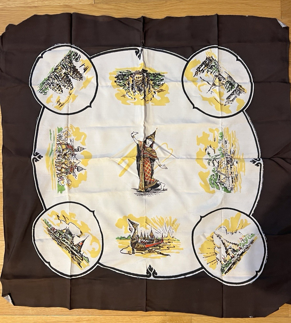 1950s MCM Thailand Souviner Scarf Wrap Dragon Dancer Boat Historic Buildings